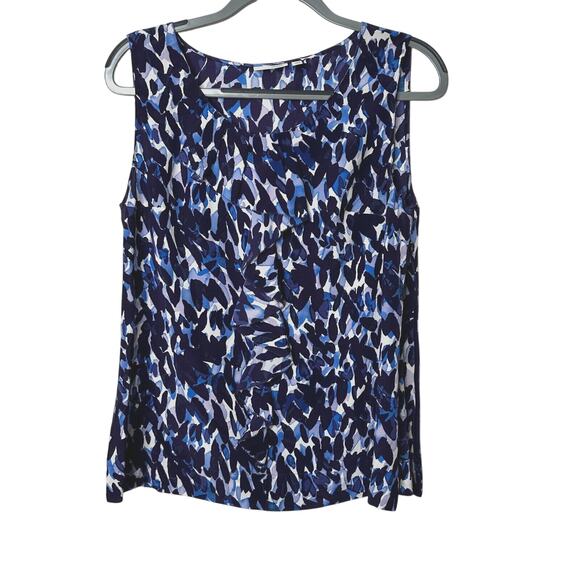 Halogen Flowy 100% Silk Blue White Abstract Sleeveless Scoop Neck Blouse Medium - Picture 1 of 11